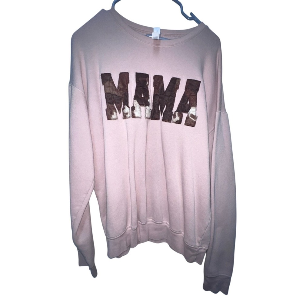 Bella Canvas Dusty Pink MAMA Cow Hide Applique Women's Sweatshirt Size Medium